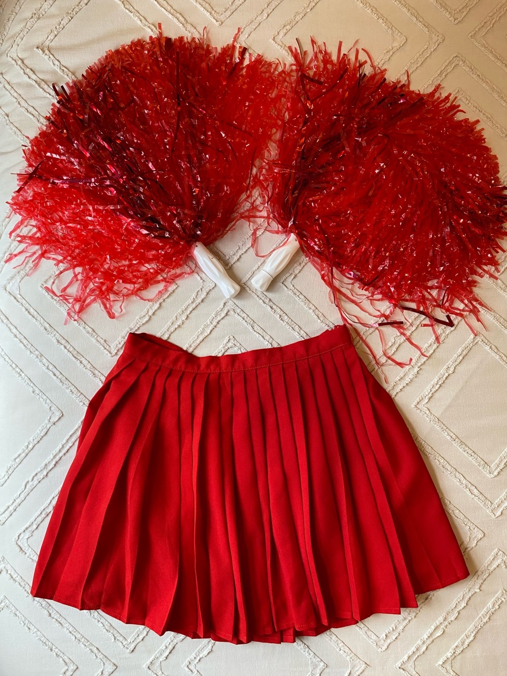 Red F21 Pleated Cheerleader Skirt with Pom Poms Halloween Costume